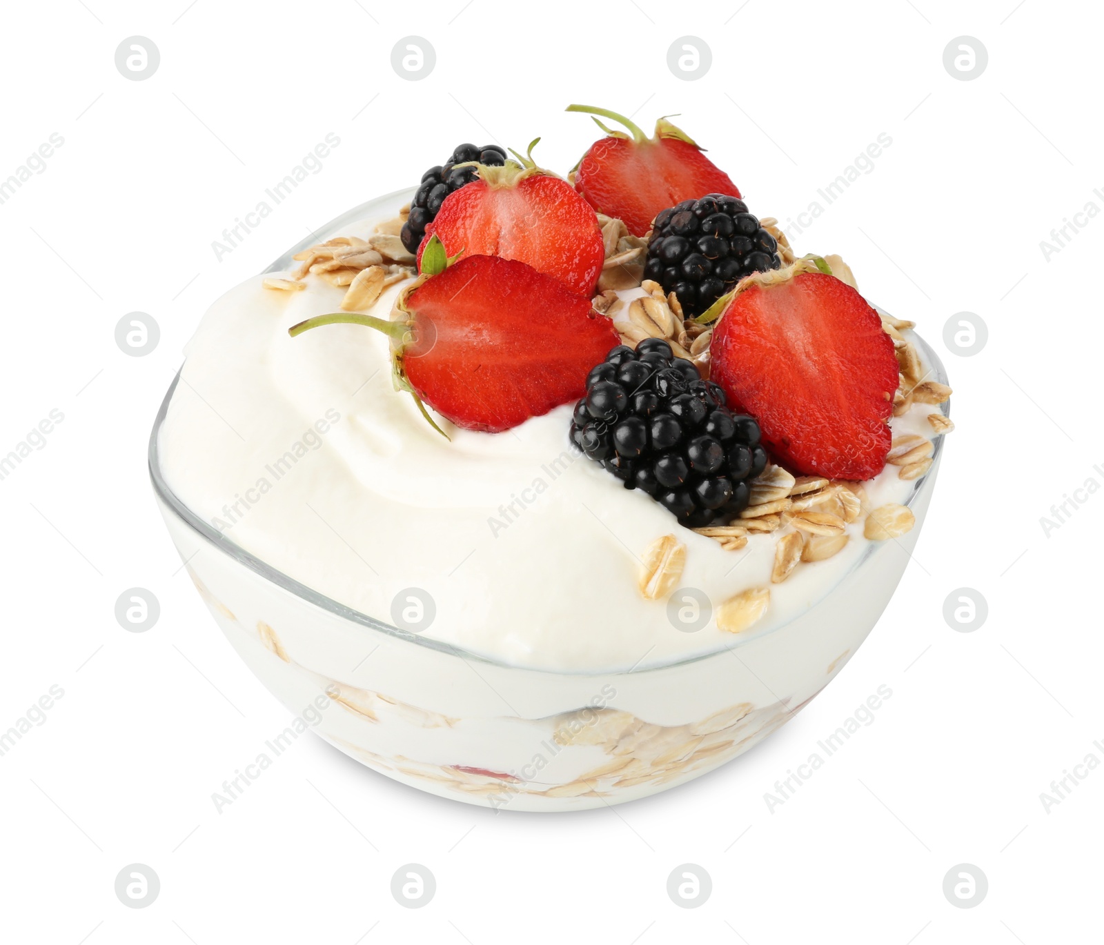 Tasty yogurt with granola and berries in bowl isolated on white Photo of Tasty yogurt with granola and berries in bowl isolated on white