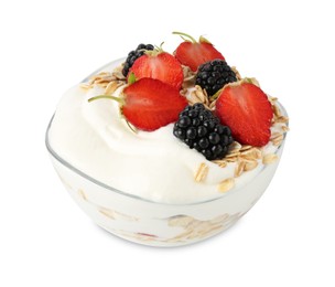 Photo of Tasty yogurt with granola and berries in bowl isolated on white