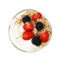 Photo of Tasty yogurt with granola and berries in bowl isolated on white