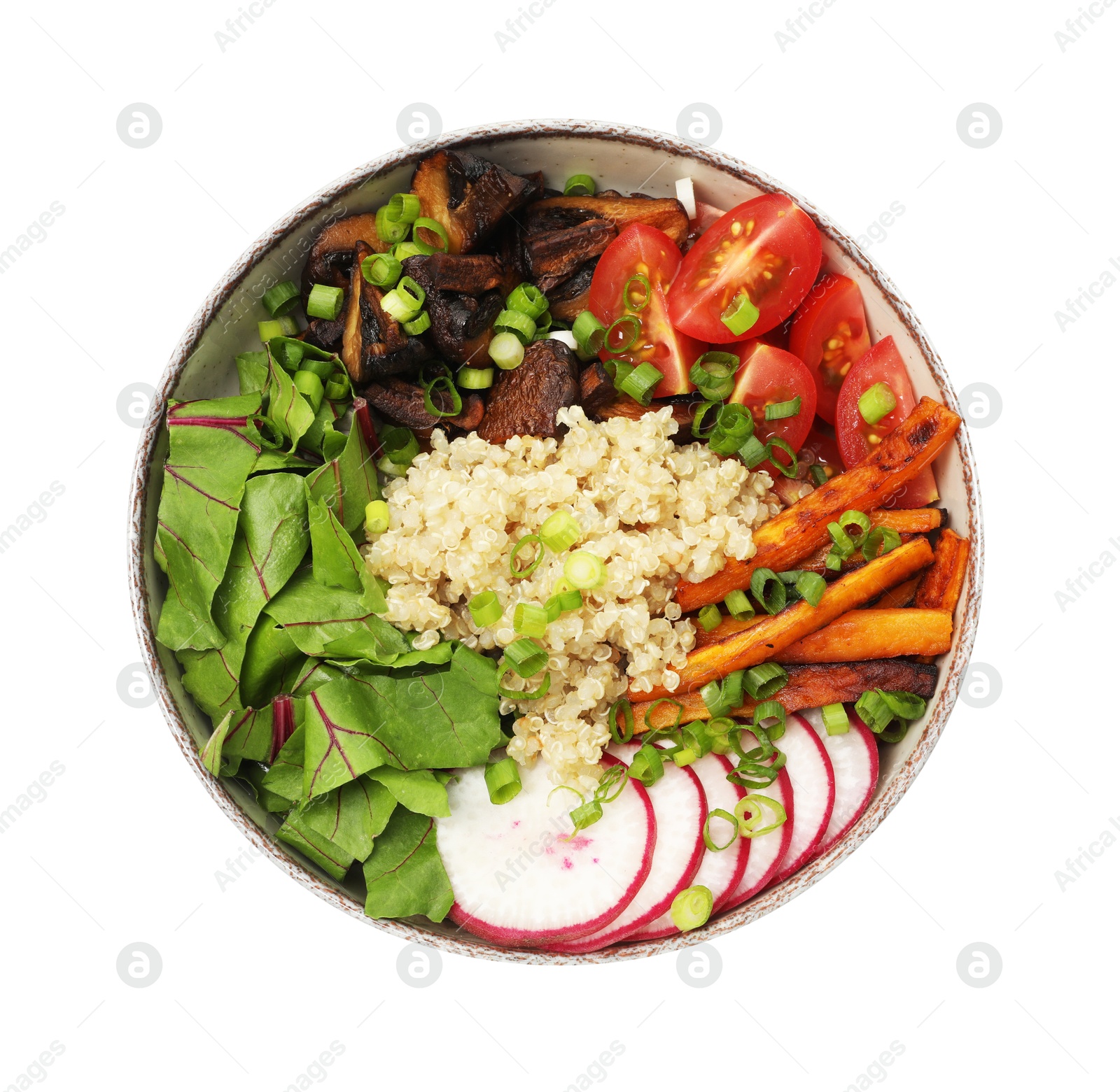 Photo of Healthy vegetarian food. Delicious Buddha bowl with quinoa, mushrooms and vegetables isolated on white, top view