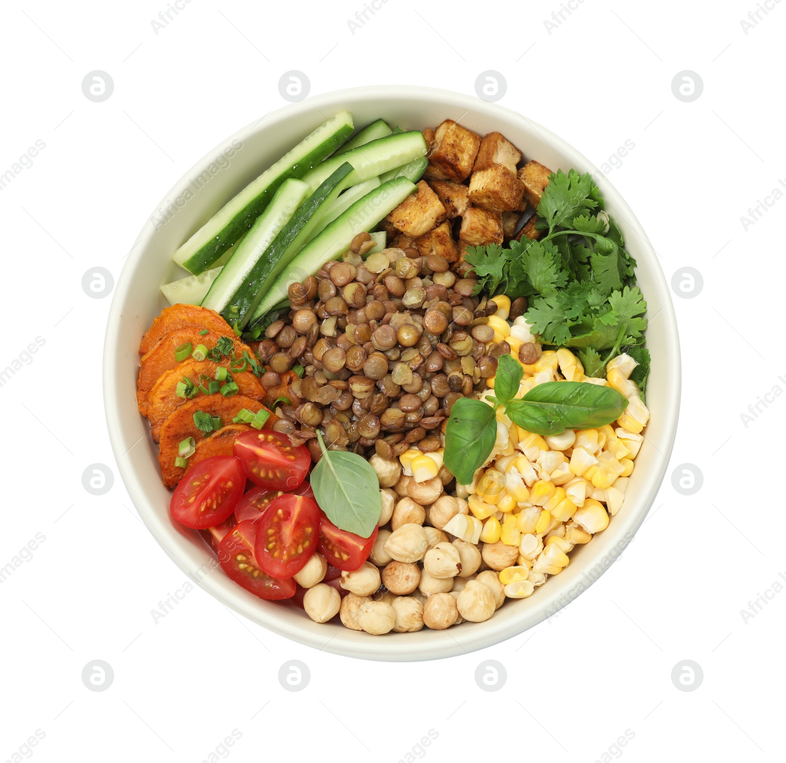 Photo of Healthy vegetarian food. Delicious Buddha bowl with lentils, tofu, chickpeas and vegetables isolated on white, top view