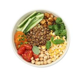 Photo of Healthy vegetarian food. Delicious Buddha bowl with lentils, tofu, chickpeas and vegetables isolated on white, top view