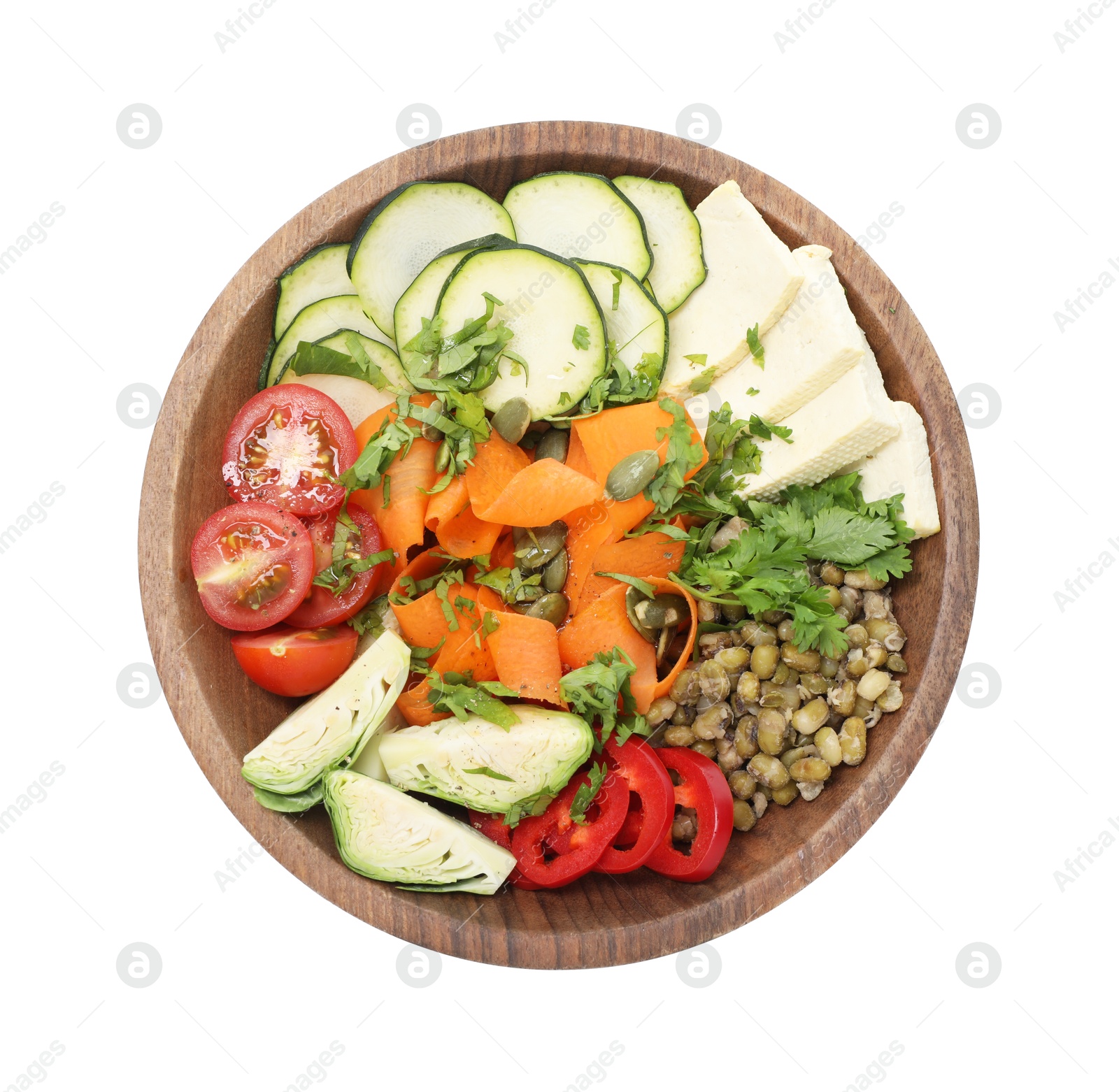 Photo of Healthy vegetarian food. Delicious Buddha bowl with lentils, tofu and vegetables isolated on white, top view