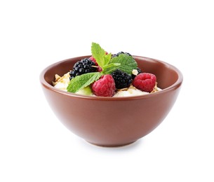 Photo of Tasty yogurt with granola and berries in bowl isolated on white