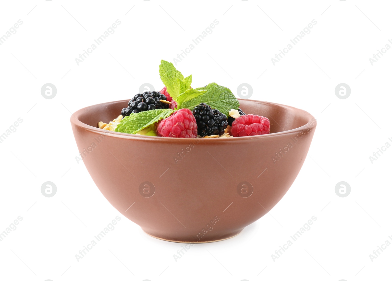 Tasty yogurt with granola and berries in bowl isolated on white Photo of Tasty yogurt with granola and berries in bowl isolated on white