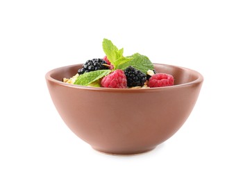 Photo of Tasty yogurt with granola and berries in bowl isolated on white