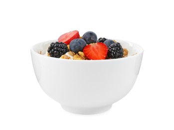 Photo of Tasty yogurt with granola and berries in bowl isolated on white