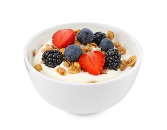 Photo of Tasty yogurt with granola and berries in bowl isolated on white