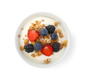 Photo of Tasty yogurt with granola and berries in bowl isolated on white, top view