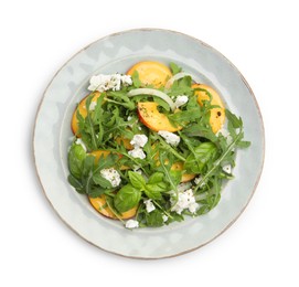 Photo of Tasty salad with arugula, cheese, peach and basil isolated on white, top view