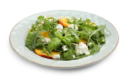 Photo of Tasty salad with arugula, cheese, peach and basil isolated on white