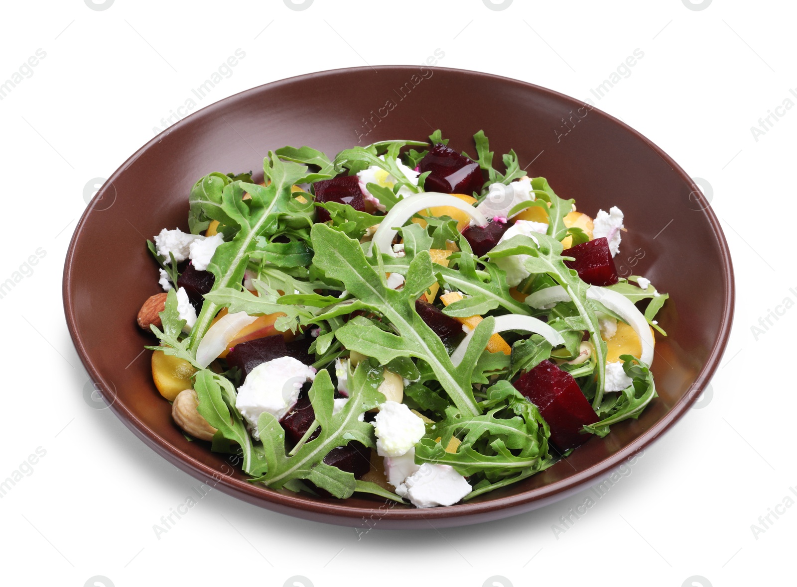 Photo of Tasty salad with arugula, cheese, peach, beetroot and nuts isolated on white