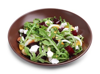 Photo of Tasty salad with arugula, cheese, peach, beetroot and nuts isolated on white