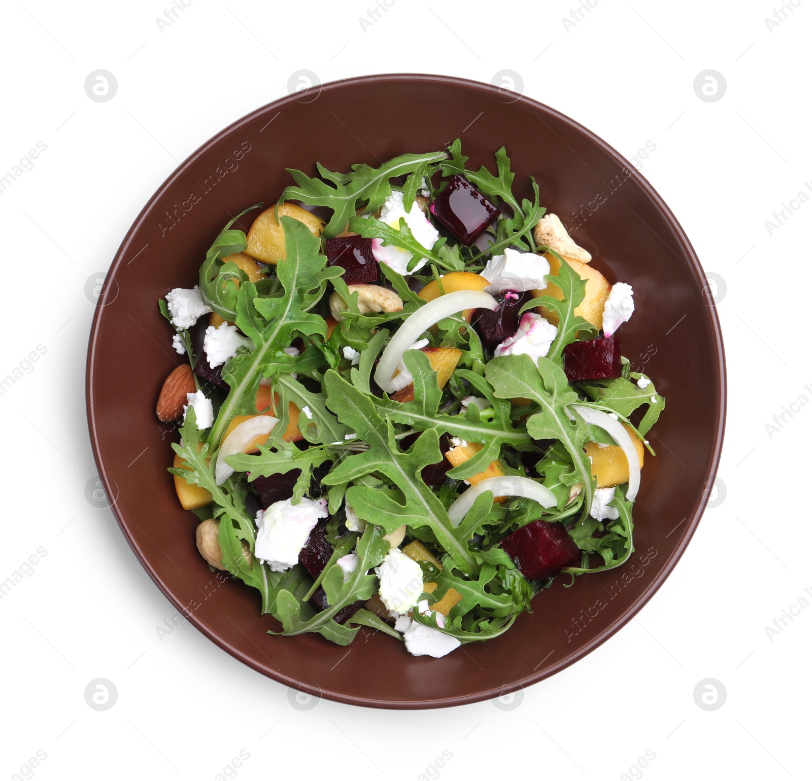 Tasty salad with arugula, cheese, peach, beetroot and nuts isolated on white, top view Photo of Tasty salad with arugula, cheese, peach, beetroot and nuts isolated on white, top view