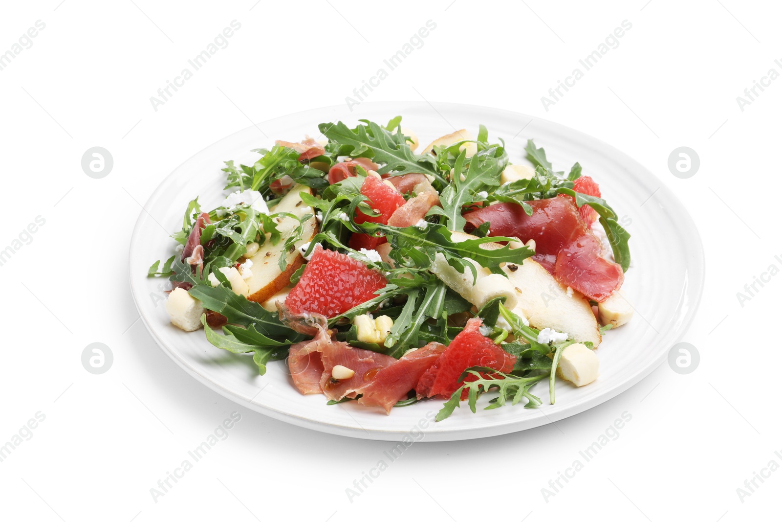 Tasty salad with arugula, prosciutto, cheese, pear, grapefruit and nuts isolated on white Photo of Tasty salad with arugula, prosciutto, cheese, pear, grapefruit and nuts isolated on white