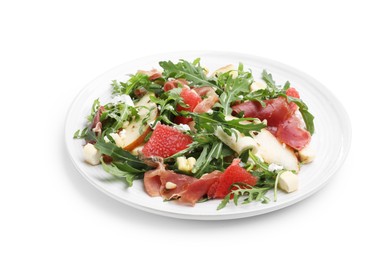 Photo of Tasty salad with arugula, prosciutto, cheese, pear, grapefruit and nuts isolated on white