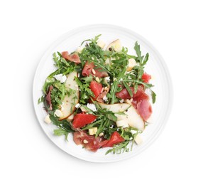 Photo of Tasty salad with arugula, prosciutto, cheese, pear, grapefruit and nuts isolated on white, top view