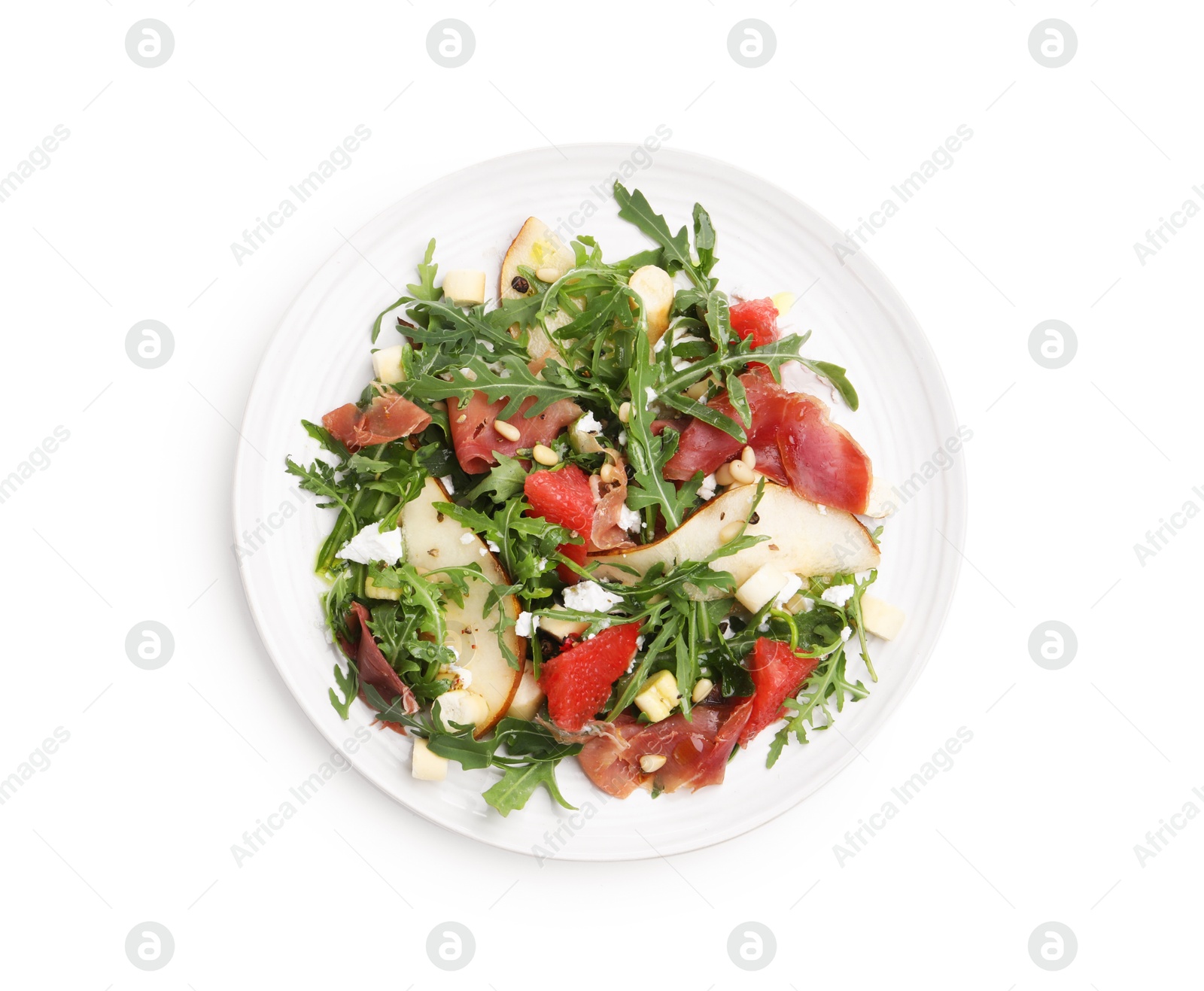 Tasty salad with arugula, prosciutto, cheese, pear, grapefruit and nuts isolated on white, top view Photo of Tasty salad with arugula, prosciutto, cheese, pear, grapefruit and nuts isolated on white, top view