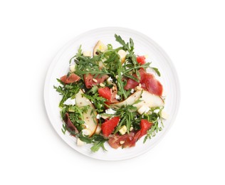 Photo of Tasty salad with arugula, prosciutto, cheese, pear, grapefruit and nuts isolated on white, top view