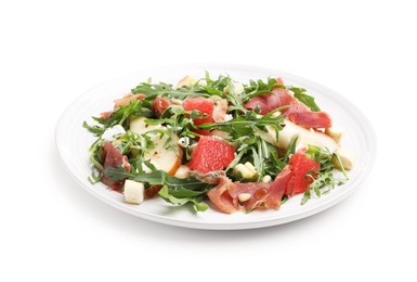 Photo of Tasty salad with arugula, prosciutto, cheese, pear, grapefruit and nuts isolated on white