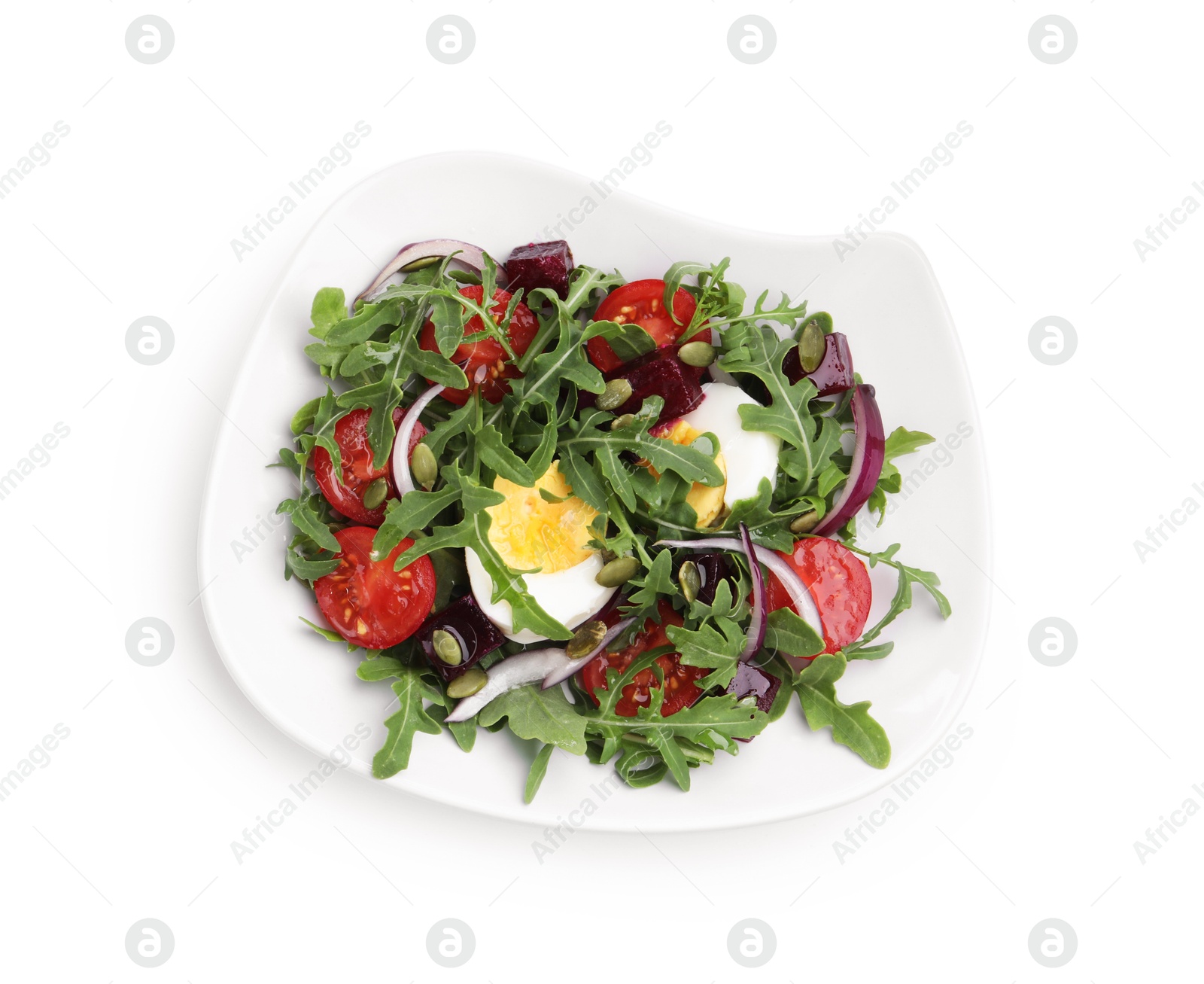 Tasty salad with arugula, vegetables, egg and seeds isolated on white, top view Photo of Tasty salad with arugula, vegetables, egg and seeds isolated on white, top view