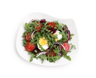 Photo of Tasty salad with arugula, vegetables, egg and seeds isolated on white, top view