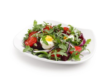 Photo of Tasty salad with arugula, vegetables, egg and seeds isolated on white