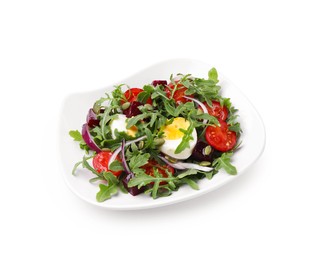 Photo of Tasty salad with arugula, vegetables, egg and seeds isolated on white, top view