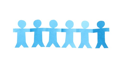 Photo of Paper figures of people holding hands isolated on white, top view