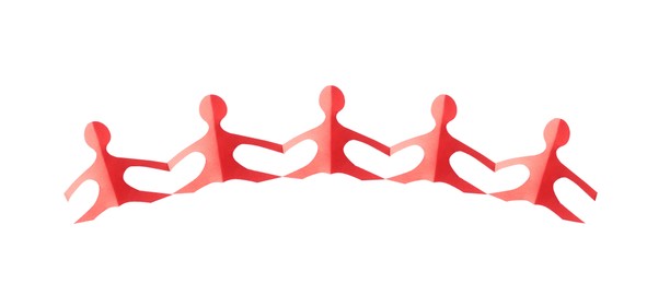Photo of Paper figures of people holding hands isolated on white, top view