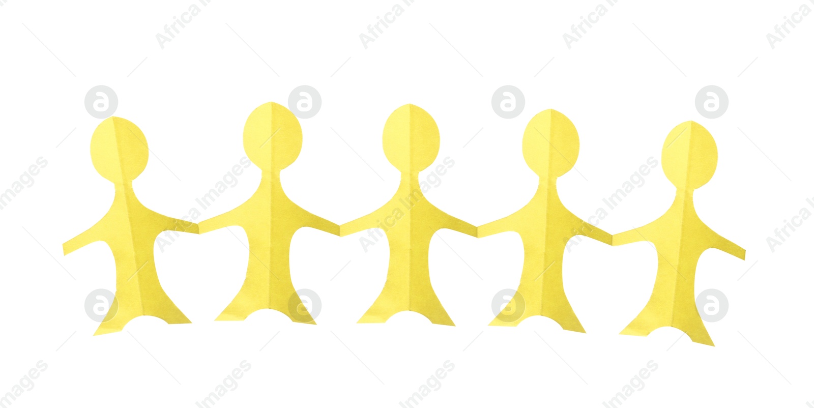 Paper figures of people holding hands isolated on white, top view Photo of Paper figures of people holding hands isolated on white, top view