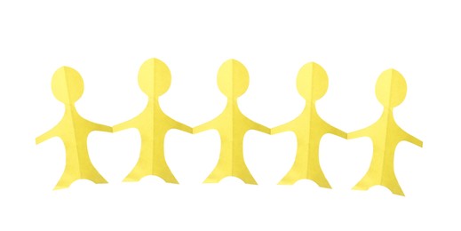 Photo of Paper figures of people holding hands isolated on white, top view