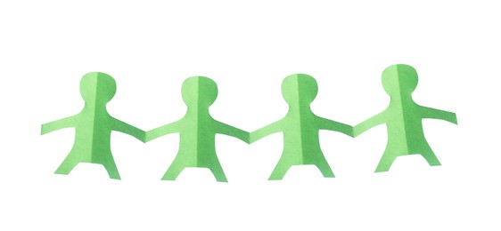 Photo of Paper figures of people holding hands isolated on white, top view