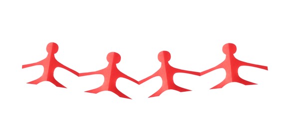Photo of Paper figures of people holding hands isolated on white, top view