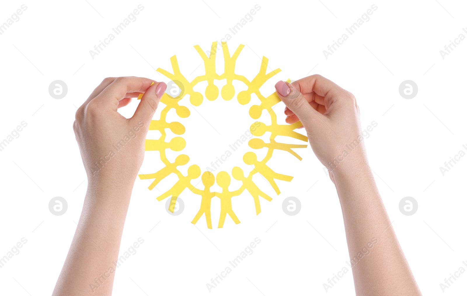 Woman holding paper figures of people on white background, closeup Photo of Woman holding paper figures of people on white background, closeup