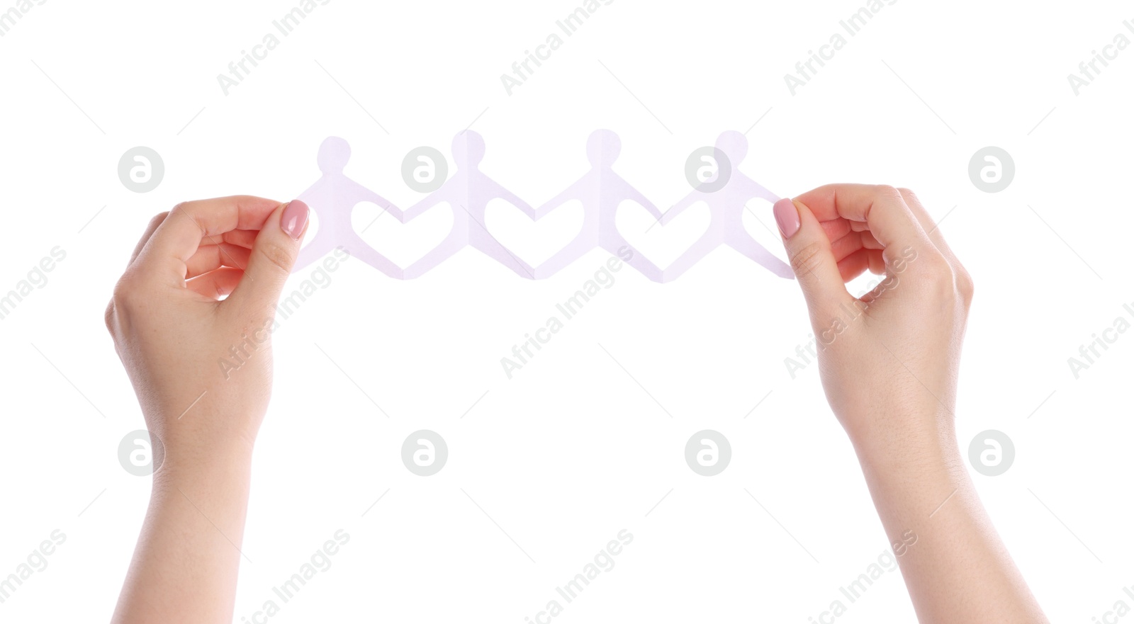 Photo of Woman holding paper figures of people on white background, closeup
