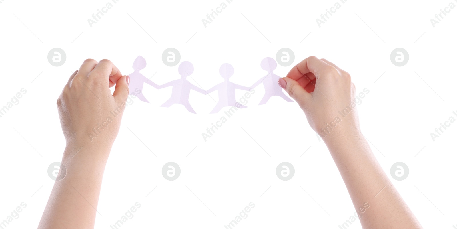 Woman holding paper figures of people on white background, closeup Photo of Woman holding paper figures of people on white background, closeup