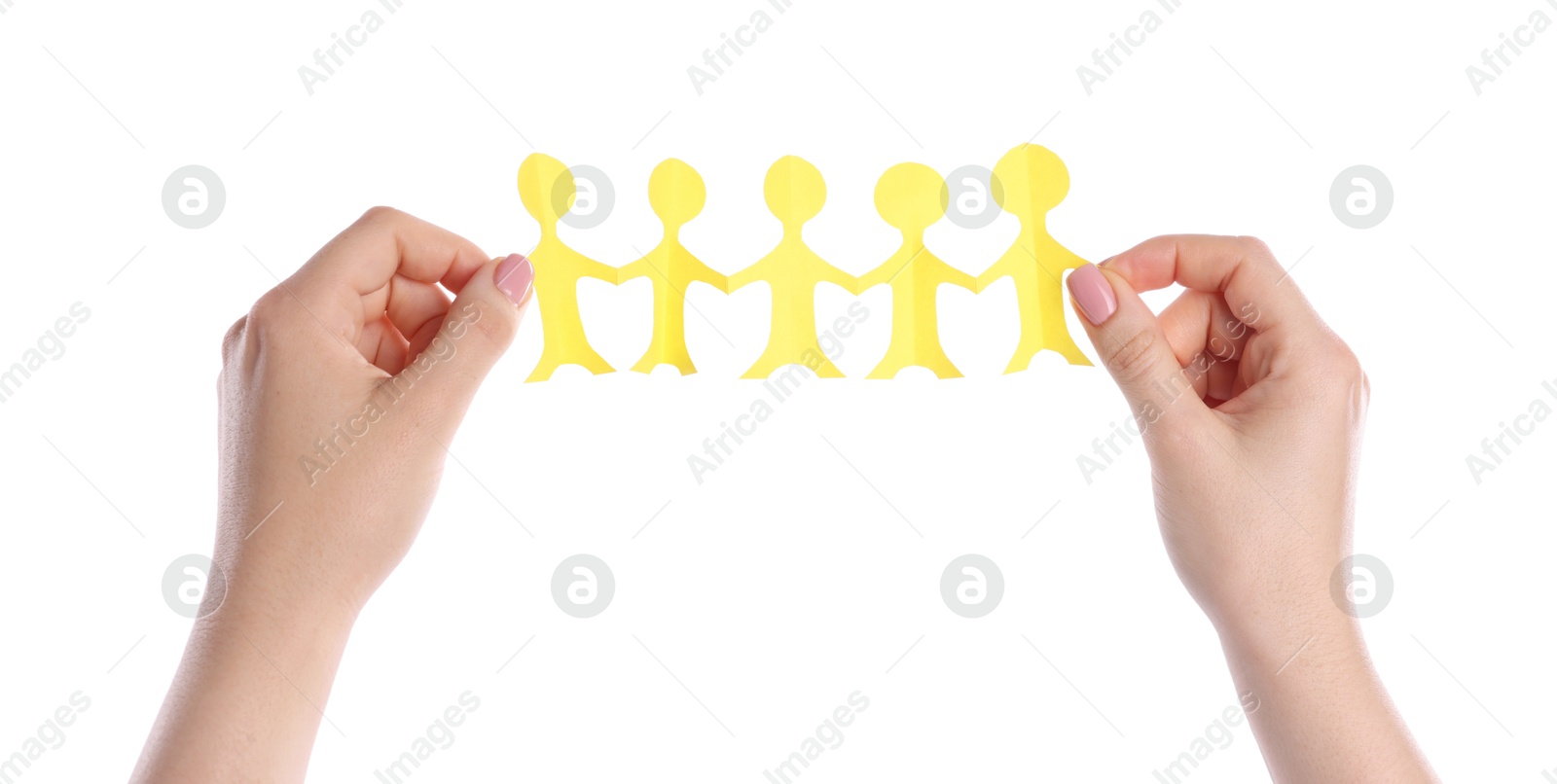 Woman holding paper figures of people on white background, closeup Photo of Woman holding paper figures of people on white background, closeup