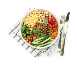 Photo of Healthy vegetarian food. Delicious Buddha bowl with lentils, tofu, chickpeas and vegetables isolated on white, top view