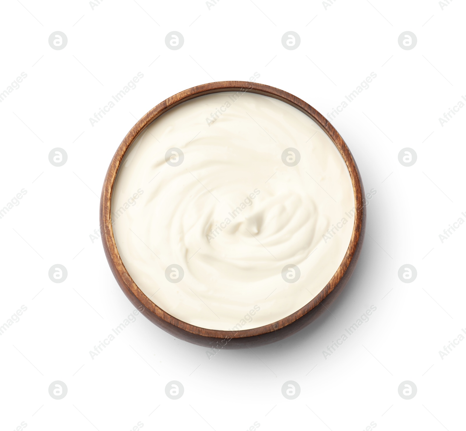 Photo of Delicious sour cream in bowl isolated on white, top view