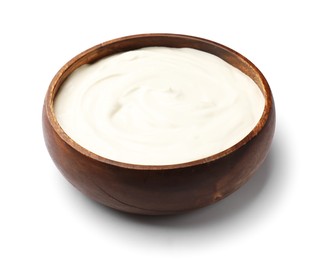 Photo of Delicious sour cream in wooden bowl isolated on white
