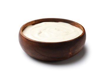 Photo of Delicious sour cream in wooden bowl isolated on white