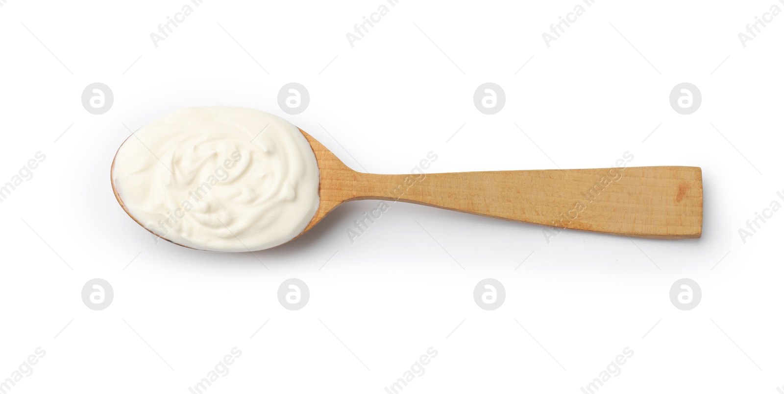 Delicious sour cream in spoon isolated on white, top view Photo of Delicious sour cream in spoon isolated on white, top view