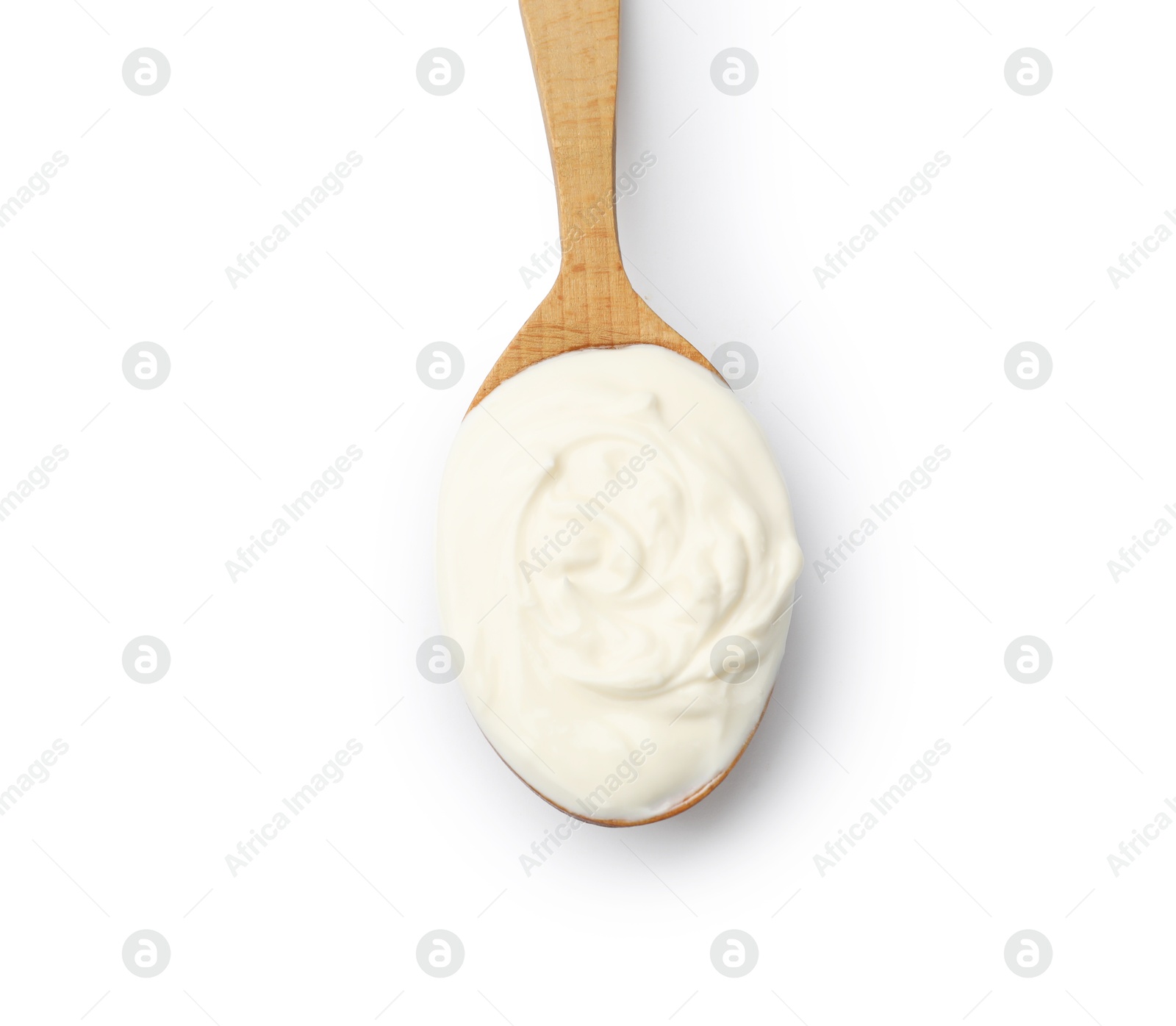 Delicious sour cream in spoon isolated on white, top view Photo of Delicious sour cream in spoon isolated on white, top view