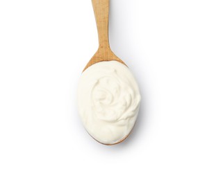 Photo of Delicious sour cream in spoon isolated on white, top view