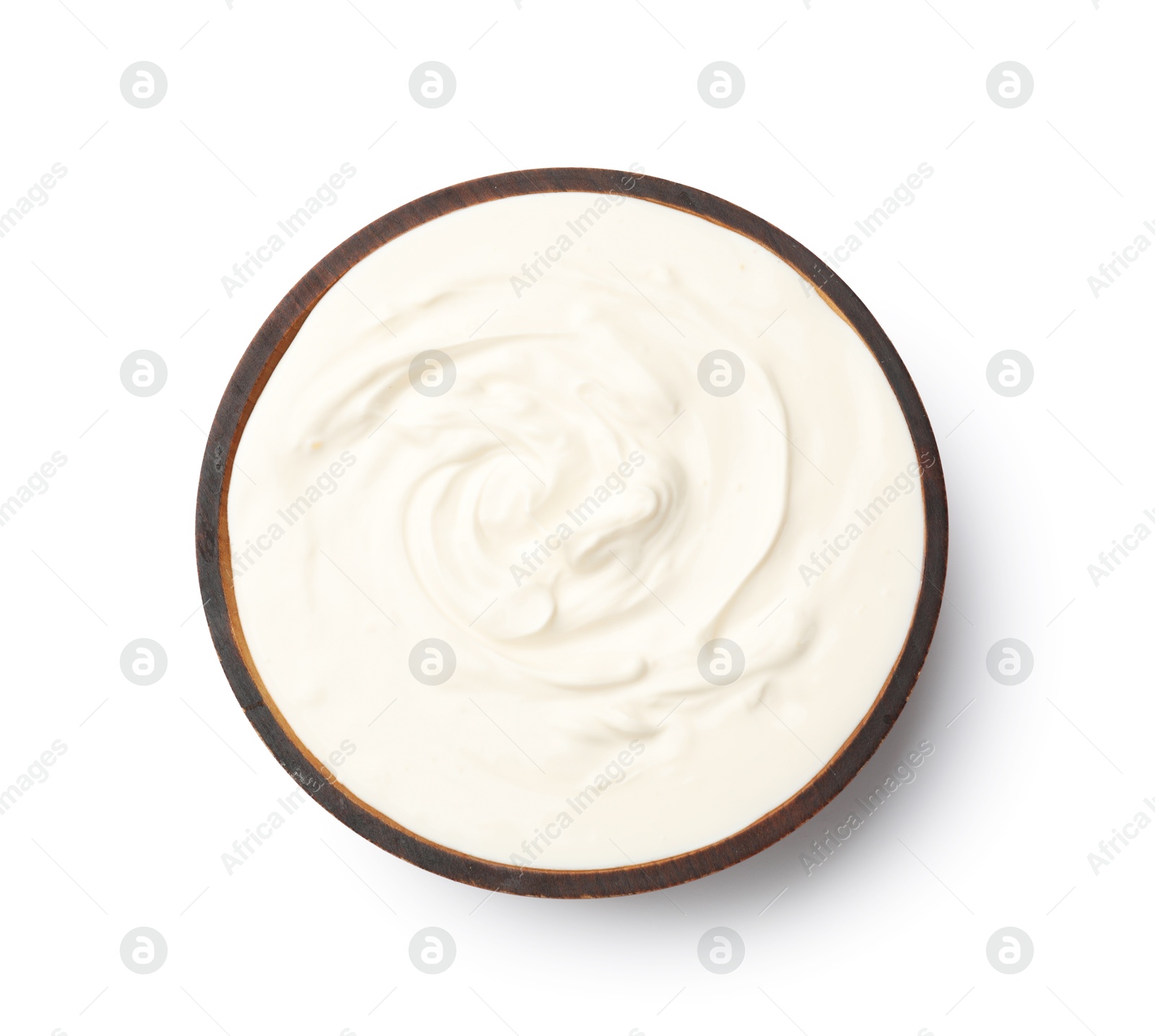 Delicious sour cream in bowl isolated on white, top view Photo of Delicious sour cream in bowl isolated on white, top view