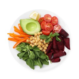 Photo of Different healthy vegetarian food isolated on white, top view