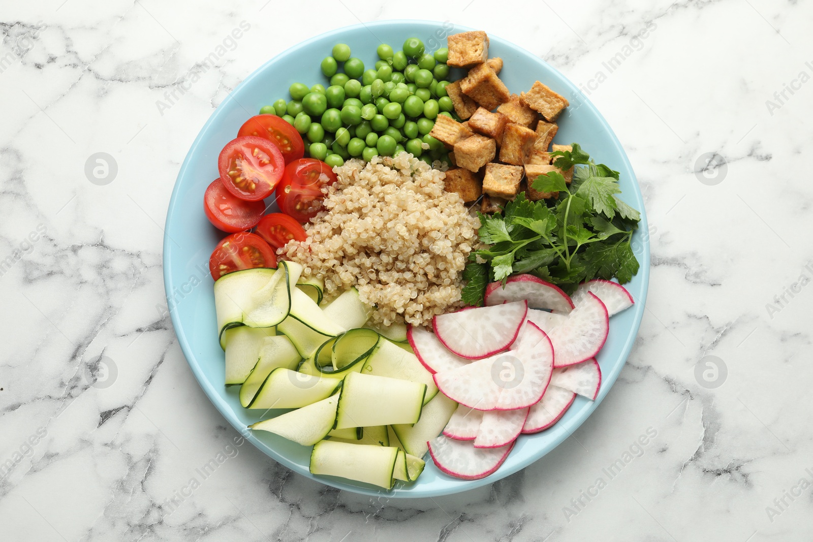 Different healthy vegetarian food on white marble table, top view Photo of Different healthy vegetarian food on white marble table, top view
