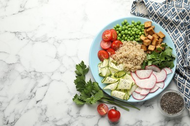 Photo of Different healthy vegetarian food served on white marble table, flat lay. Space for text
