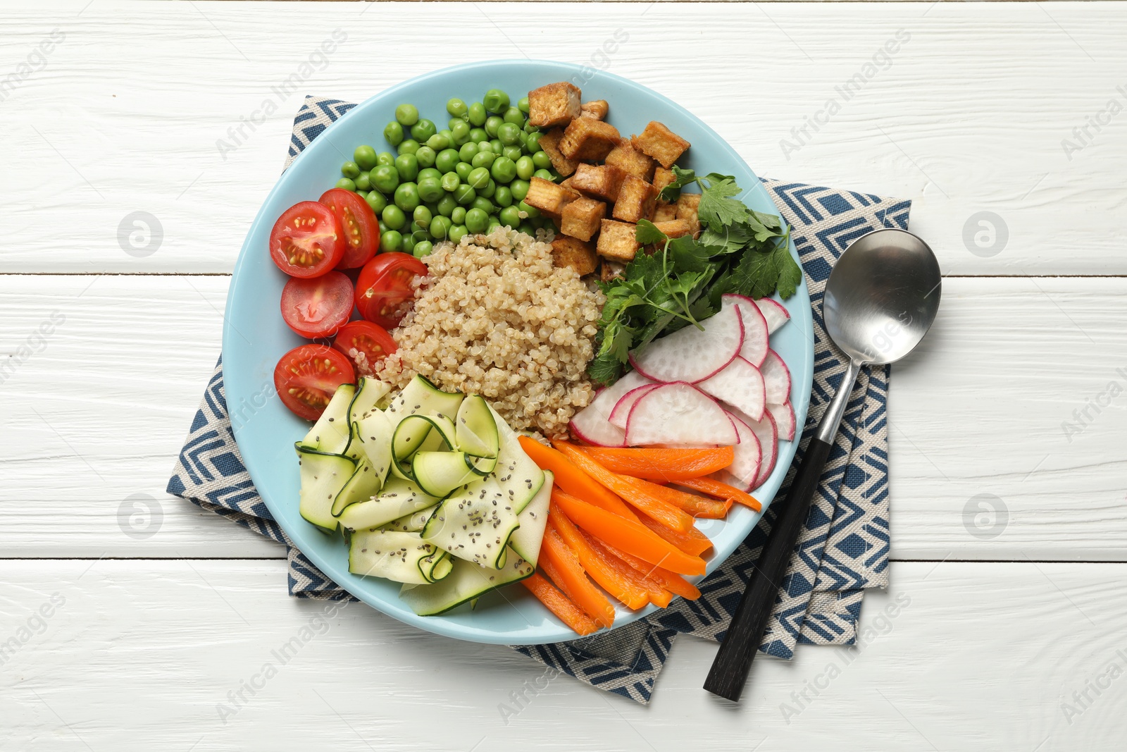 Different healthy vegetarian food on white wooden table, top view Photo of Different healthy vegetarian food on white wooden table, top view